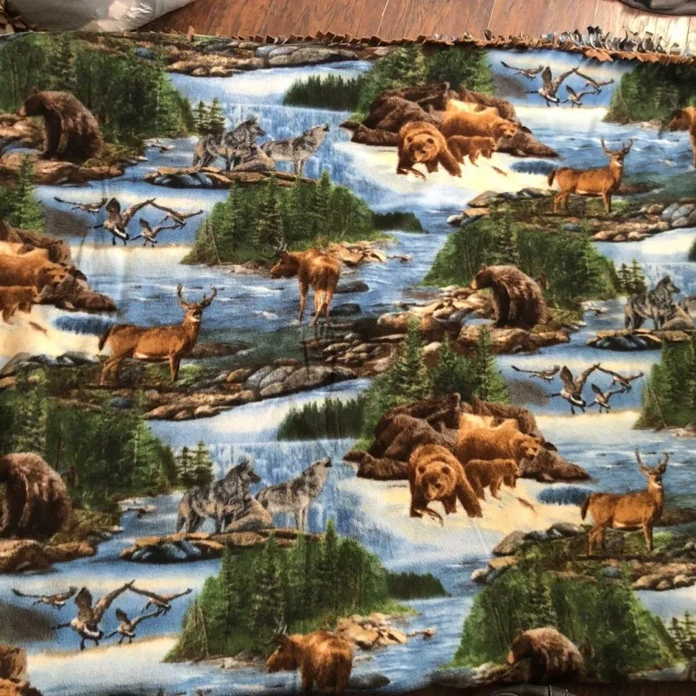 Vintage Handmade Quilt Blanket Nature Forest Moose Bear Wolf Birds Wilderness